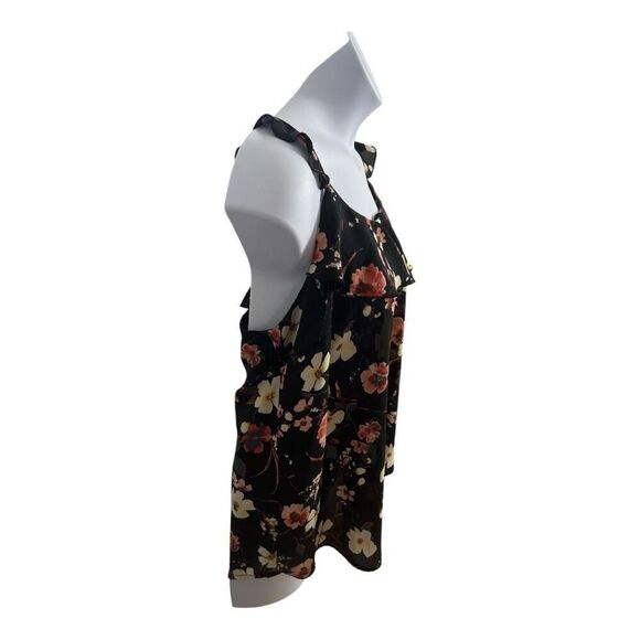 Maurices Black Pink Floral Blouse Size 0 Ruffle Neck Sleeveless Tie Pullover - Picture 3 of 10